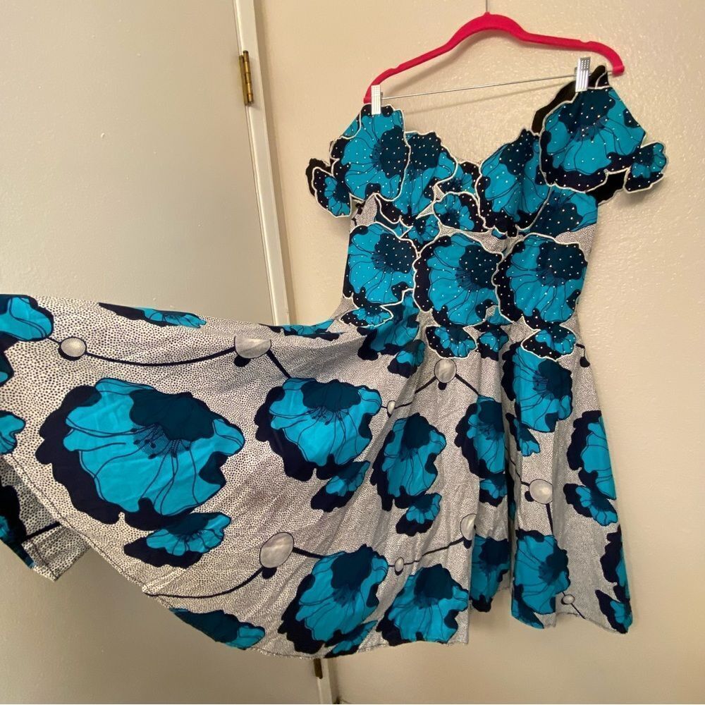 OOAK Custom Blue Floral Rhinestone Rockabilly Pin Up coquette Party Dress 12-14 - Picture 9 of 15